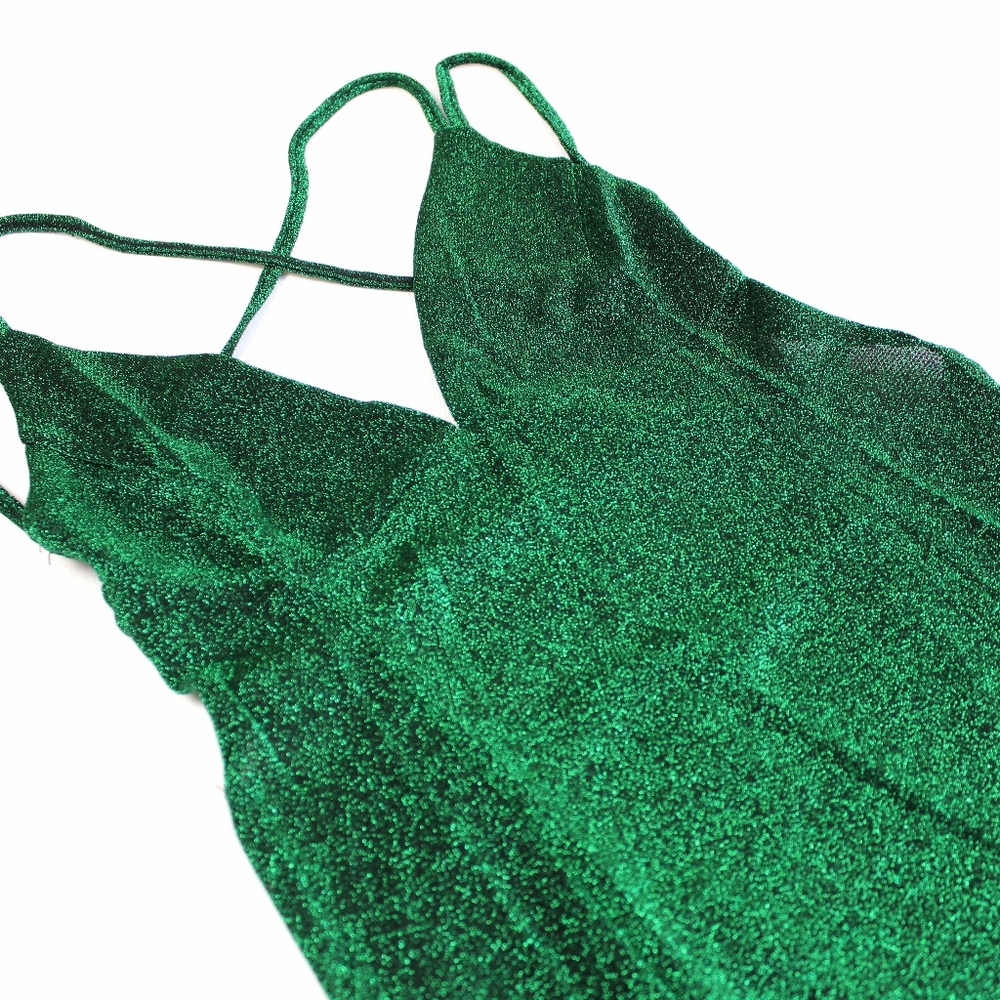 Open Back Strappy Lurex Glitter Green Mini Dress - Picture 7 of 8